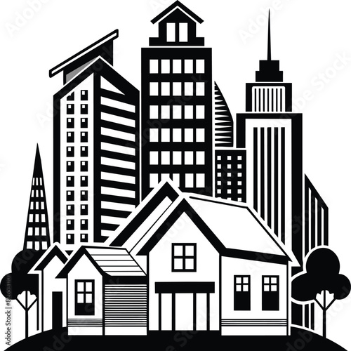 Black and white houses. Stylish high-rise buildings. on white background