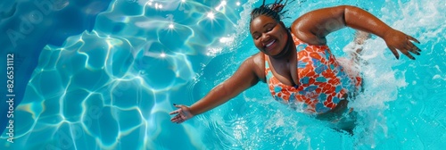 A plussized woman wearing an orange and blue swimsuit jumps into a pool, creating a splash of style and fun photo