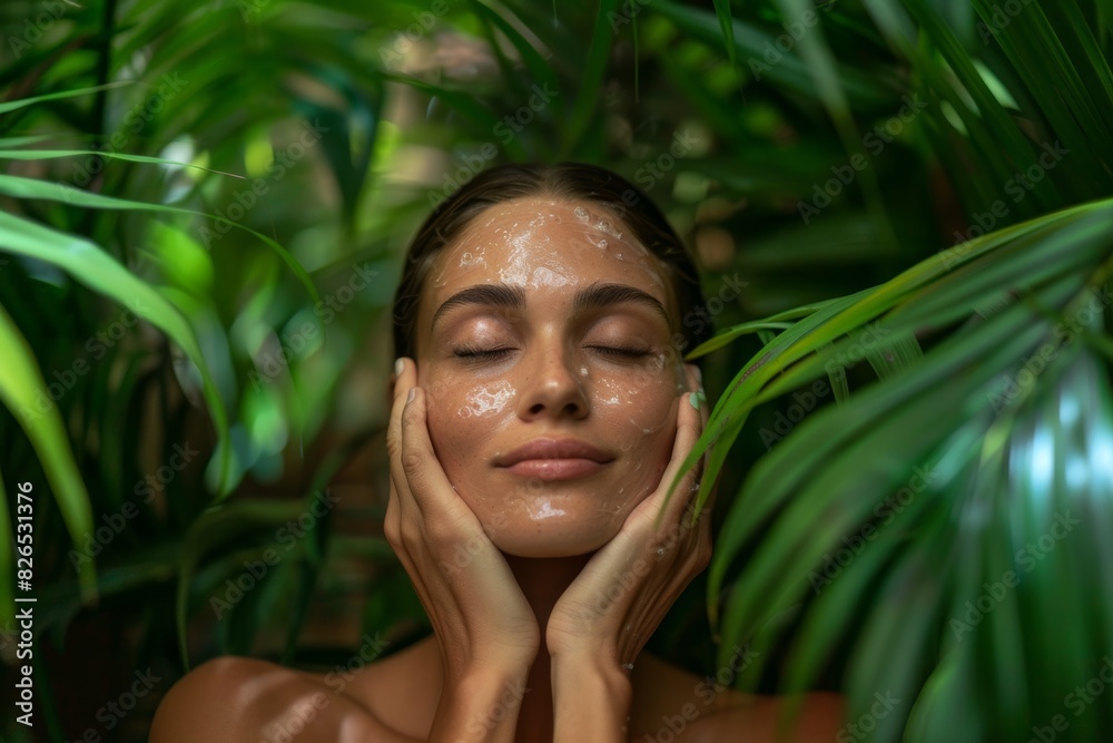 Eco-Friendly Spa: Woman Enjoying Relaxing Facial Massage Amidst Lush Greenery Eco-Friendly Spa: Woman Enjoying Relaxing Facial Massage Amidst Lush Greenery