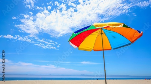 A colorful umbrella is on a beach  with a clear blue sky above