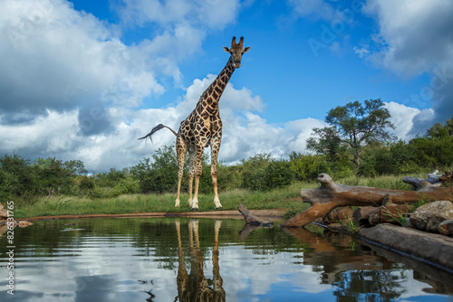 Giraffe along waterhole with reflection in Kruger National park  South Africa   Specie Giraffa camelopardalis family of Giraffidae