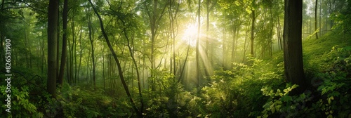 The sun shines through the trees in a dense forest  casting light on the forest floor