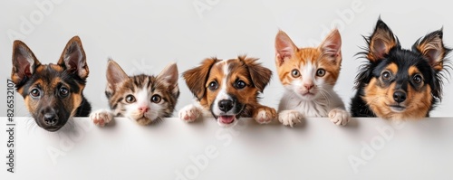 Cats and dogs with happy expressions peeking over a white banner, isolated on white background, perfect for advertisements, clean design with room for text