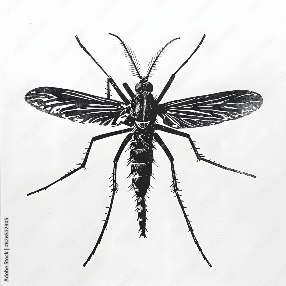 A black on white realistic top down linocut illustration of a flying mosquito A black on white realistic top down linocut illustration of a flying mosquito