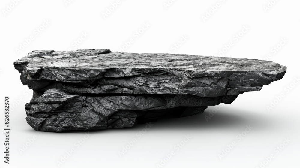 Black rock product podium with a rugged texture, isolated on white background, ideal for bold and powerful product presentations, minimalistic design