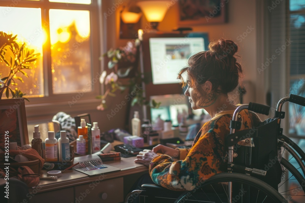 Accessible Beauty Routine - Woman in Wheelchair Organizing Skincare Products for Independence and Self-Care Accessible Beauty Routine - Woman in Wheelchair Organizing Skincare Products for Independence and Self-Care