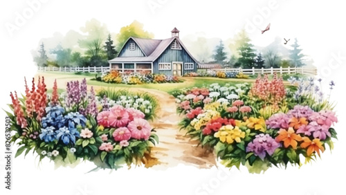 A beautiful watercolor painting of a cottage garden filled with vibrant flowers, showcasing a serene countryside scene. photo