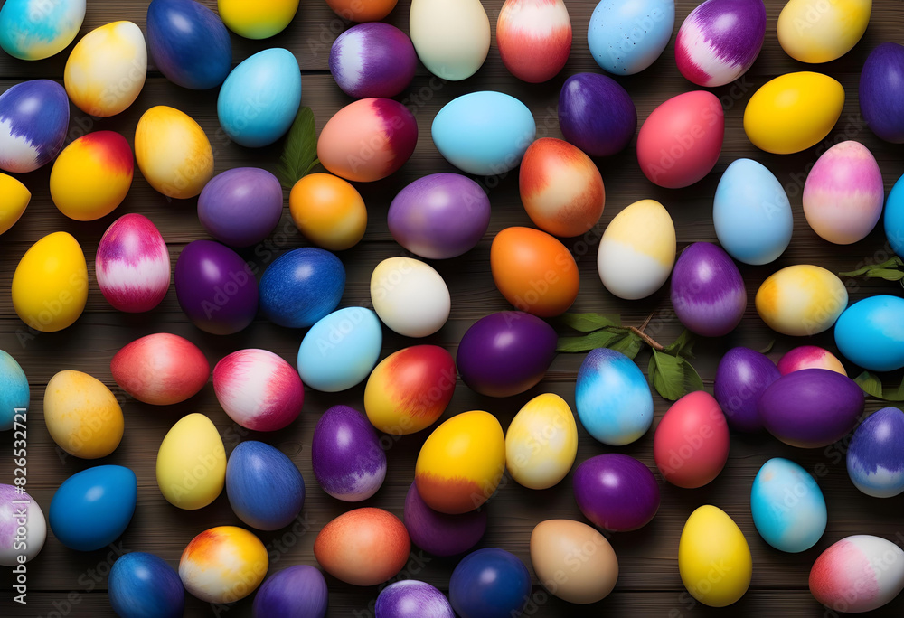 A close-up of blueberry-dyed Easter eggs in a basket with a rustic background.