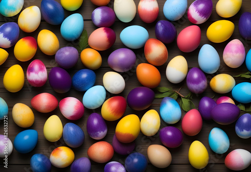 A close-up of blueberry-dyed Easter eggs in a basket with a rustic background. © Iqra