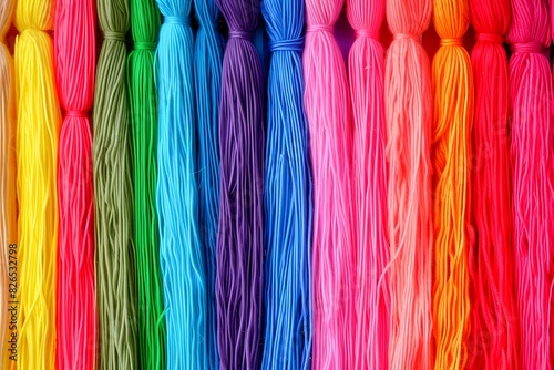A collection of colorful bright floss threads for sale, collected in a bundle. © Maryna