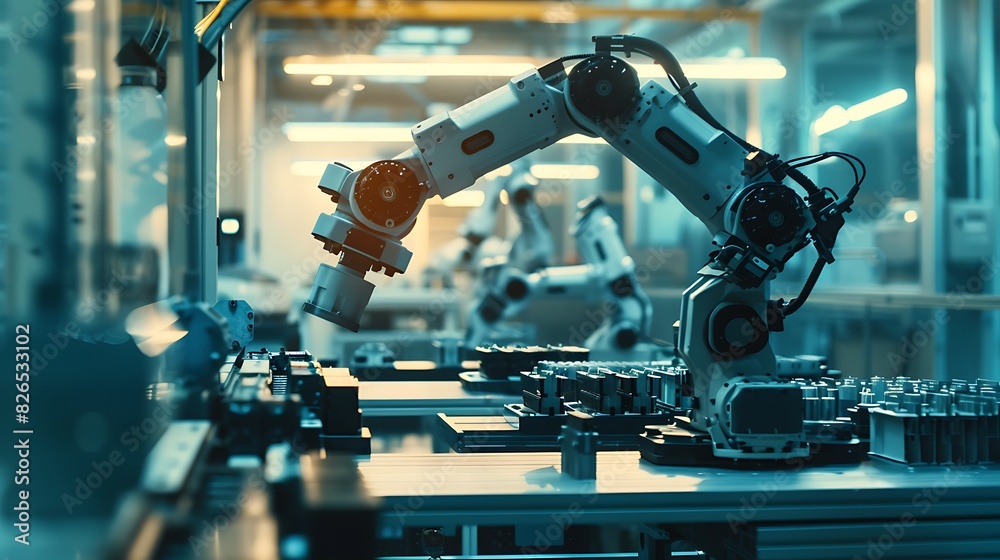Robotics Industry Four Engineering Facility Robot Arm Moving at Different Directions High Tech Industrial Technology Using Modern Machine Learning Mass Production Automatics 