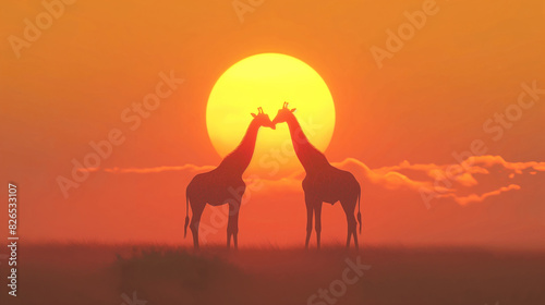 A giraffe family stand in the savannah against the backdrop of the red sun at sunset.