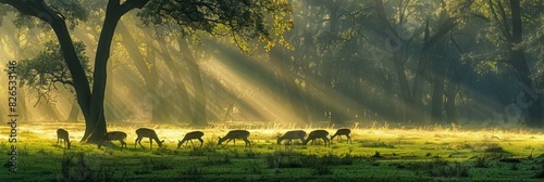 A herd of deer peacefully grazing on a lush green field in the sunlight