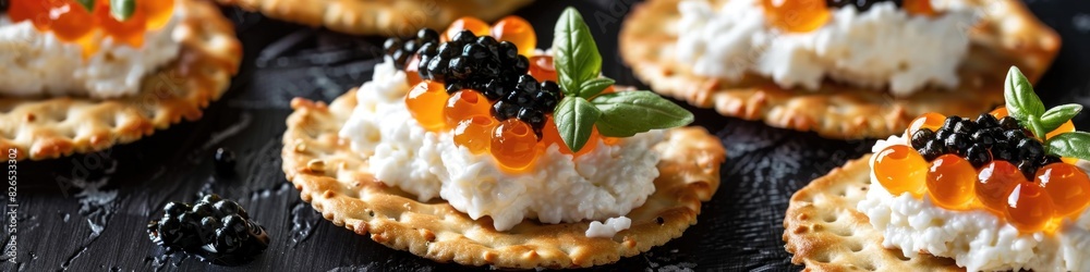 Gourmet Cracker Appetizer with Black and Red Caviar and Cream Cheese on Elegant Plate Gourmet Cracker Appetizer with Black and Red Caviar and Cream Cheese on Elegant Plate