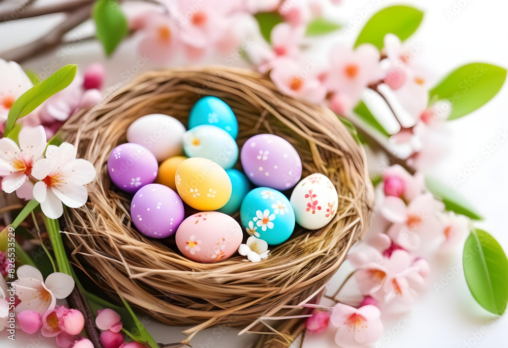 A straw nest with colorful Easter eggs and blooming flowers against a white background A straw nest with colorful Easter eggs and blooming flowers against a white background