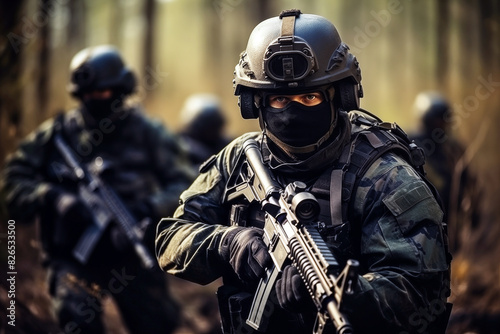 Soldiers during the military operation. blurred dark background, anti terrorism military concept. photo