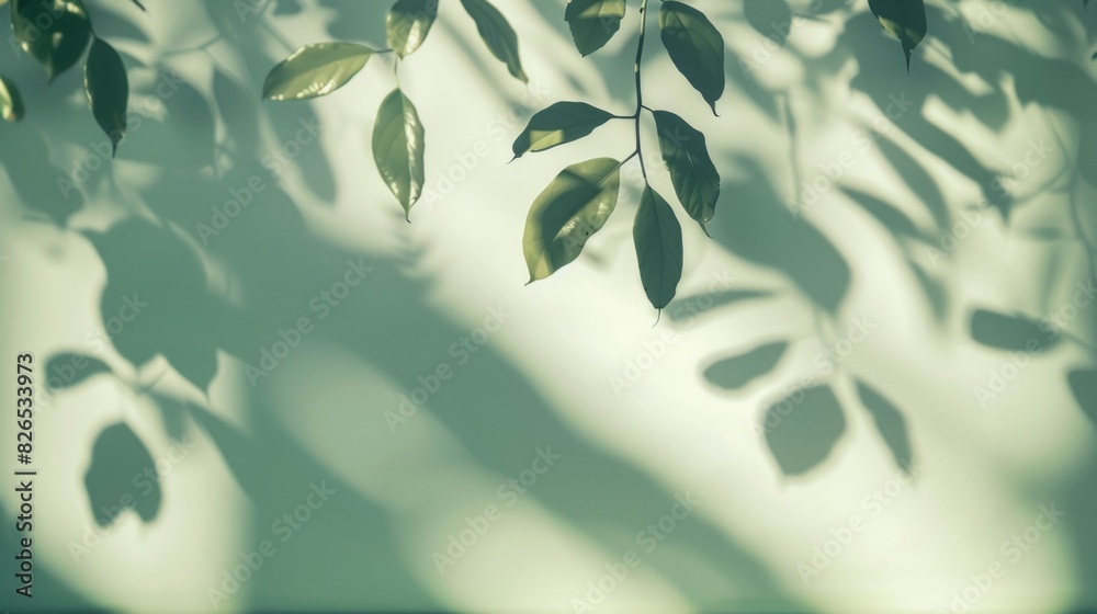 Elegant leaves on a wall background with the sun's rays of light and shadows. Abstract background. Copy space for text Elegant leaves on a wall background with the sun's rays of light and shadows. Abstract background. Copy space for text