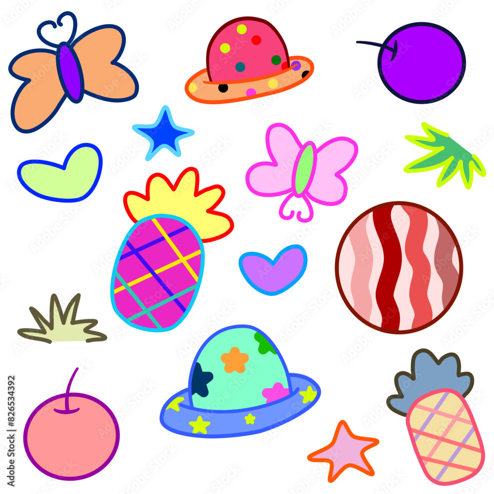 Fototapeta premium cute doodle cartoon lines hat shape, star, fruit