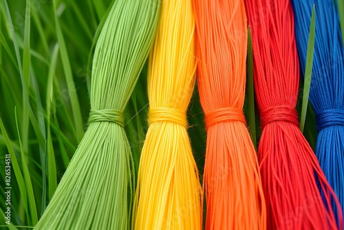 A collection of colorful bright floss threads for sale, collected in a bundle. photo