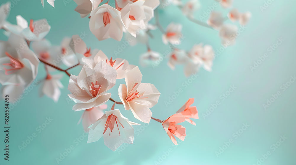 Delicate paper flowers in the form of cherry blossoms on a branch against a blurred turquoise background. Delicate paper flowers in the form of cherry blossoms on a branch against a blurred turquoise background.