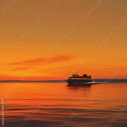 A large boat sails across a calm sea at sunset.