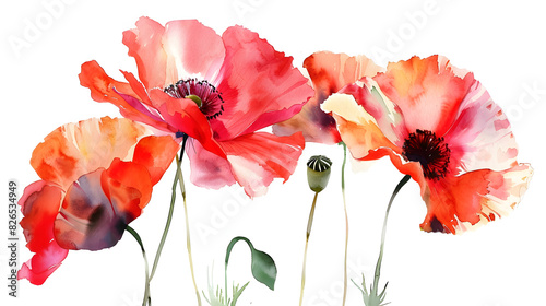 Red watercolor poppies. Floral background.