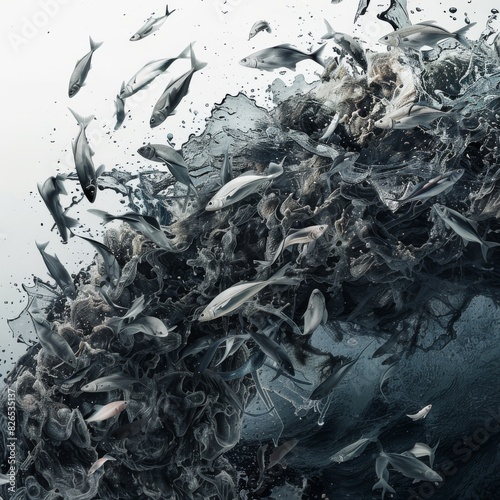 A large school of fish is shown swimming in a chaotic manner.