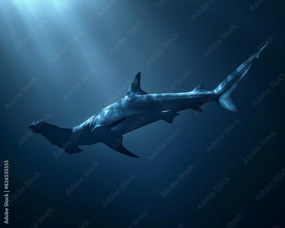 Obraz premium Illustrate the haunting beauty of a solitary hammerhead shark gliding through the deep blue ocean depths, its distinctive silhouette unmistakable