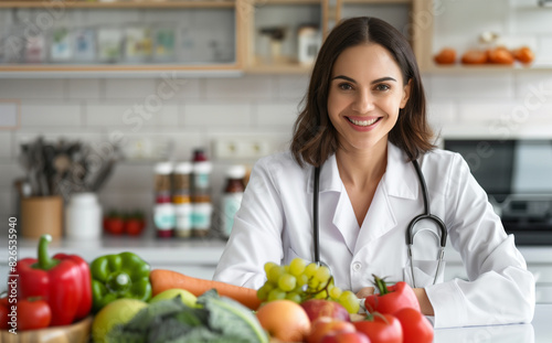 Smiling dietitian woman looking at camera sitting at hospital workplace. Nutrition, diet and professional healthcare worker concept