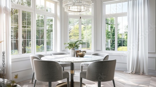 bright dining room featuring a round marble table  grey upholstered chairs  and a contemporary chandelier  illuminated by natural light from expansive windows