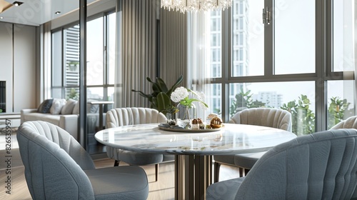 bright dining room featuring a round marble table, grey upholstered chairs, and a contemporary chandelier, illuminated by natural light from expansive windows