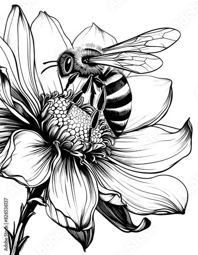 Abeille sur une fleur fantaisie, fond blanc, dessin à l'encre noire et blanche photo