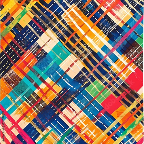 Caribbean geometric madras pattern illustration with vibrant colors, photo