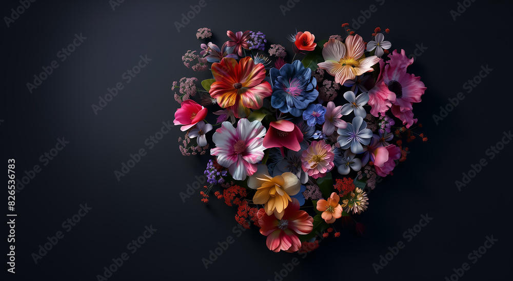 Heart-shaped floral arrangement. Valentine day. Postcard. Floral heart shape. Heart made with flowers on dark background. For congratulations, Valentine's Day, Mother's Day and Birthday. wedding Heart-shaped floral arrangement. Valentine day. Postcard. Floral heart shape. Heart made with flowers on dark background. For congratulations, Valentine's Day, Mother's Day and Birthday. wedding