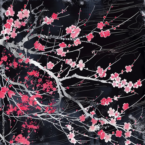 Japanese ikat floral illustration featuring cherry blossoms, photo