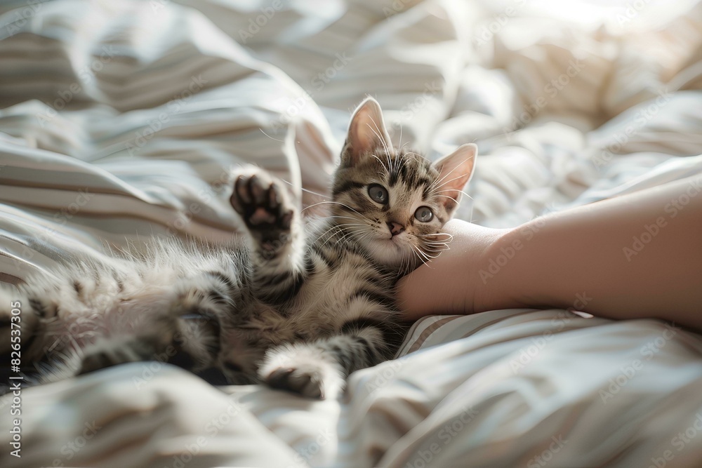 A small kitten is playing with an old man on the bed. Warm light is shining through from outside the window, It shows the cute pet interaction and playful action of the kitten's hand movements.