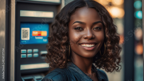 Beautiful smiling African American woman standing infant of the ATM machine