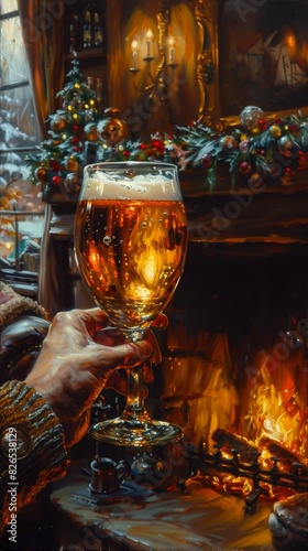 A cozy Father's Day evening with beer and a fireplace, oil painting style.