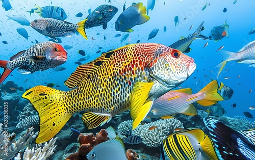 Mixed Swarm Oriental Sweetlips (Plectorhinchus vittatus) and two-spotted red snapper (Lutjanus bohar), Indian Ocean, beautiful view photo