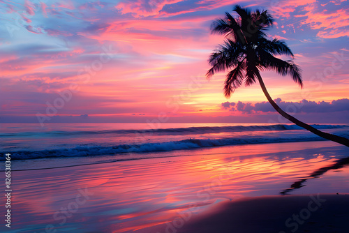 Tranquil Sunset Over Serene Beach With Gentle Waves and Lone Palm Tree Silhouette Creating Idyllic Nature Scene