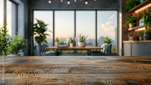 A wooden table top is placed in front of a large window, allowing natural light to illuminate the surface. photo