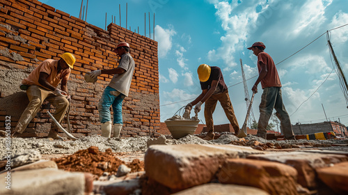 3.  Construction workers laying bricks  mixing cement  and building a wall on a sunny day