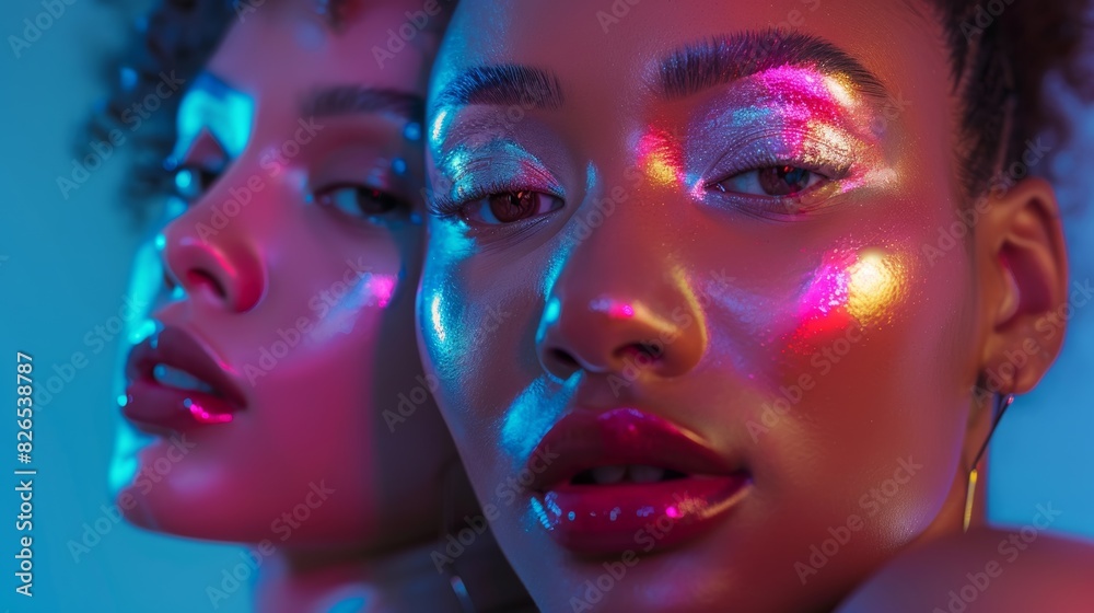 Two women with shimmering, colorful makeup and glossy lips in vibrant, neon lighting, creating a dreamy, futuristic ambiance. Two women with shimmering, colorful makeup and glossy lips in vibrant, neon lighting, creating a dreamy, futuristic ambiance.