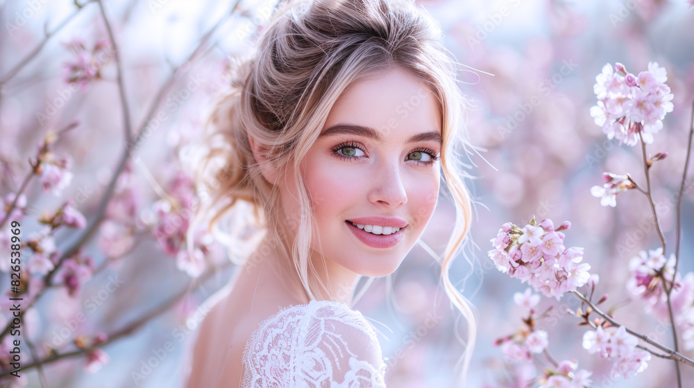 Caucasian woman smiling in fashionable dress in cherry blossom celebration Caucasian woman smiling in fashionable dress in cherry blossom celebration