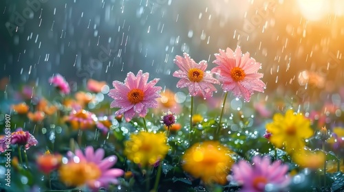 Gentle summer rain falling on a field of wildflowers, with raindrops sparkling in the sunlight, realistic style.