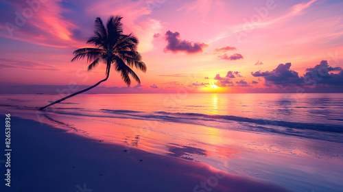 Tranquil Sunset Over Serene Beach With Gentle Waves and Lone Palm Tree Silhouette Creating Idyllic Nature Scene