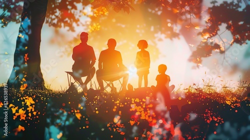 A family is sitting on a hill, watching the sunset. The sun is casting a warm glow over the scene. The family is silhouetted against the sky. The image is peaceful and serene.