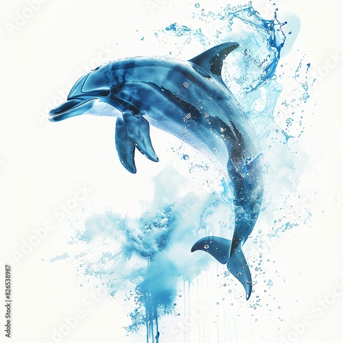 A beautiful watercolor painting of a dolphin jumping out of the water photo