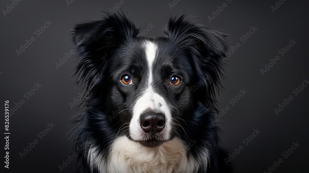 A Border Collie stares into the camera with its big brown eyes. A Border Collie stares into the camera with its big brown eyes.