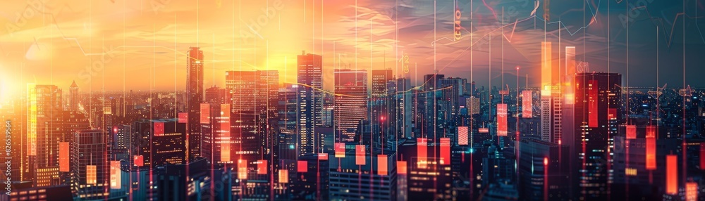 Buildings soaring up with an upward financial graph close up, focus on, copy space Vivid architectural tones Double exposure silhouette with economic development Buildings soaring up with an upward financial graph close up, focus on, copy space Vivid architectural tones Double exposure silhouette with economic development